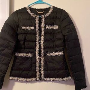 White House Black Market Black Puffer Jacket with Tweed Trim
